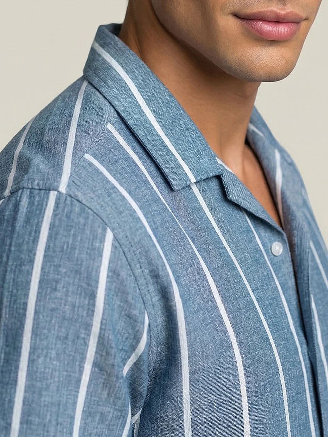 Men's Aqua Cotton Half Sleeve Relaxed Fit Linen Striped Shirt with Cuban Collar - Image 5