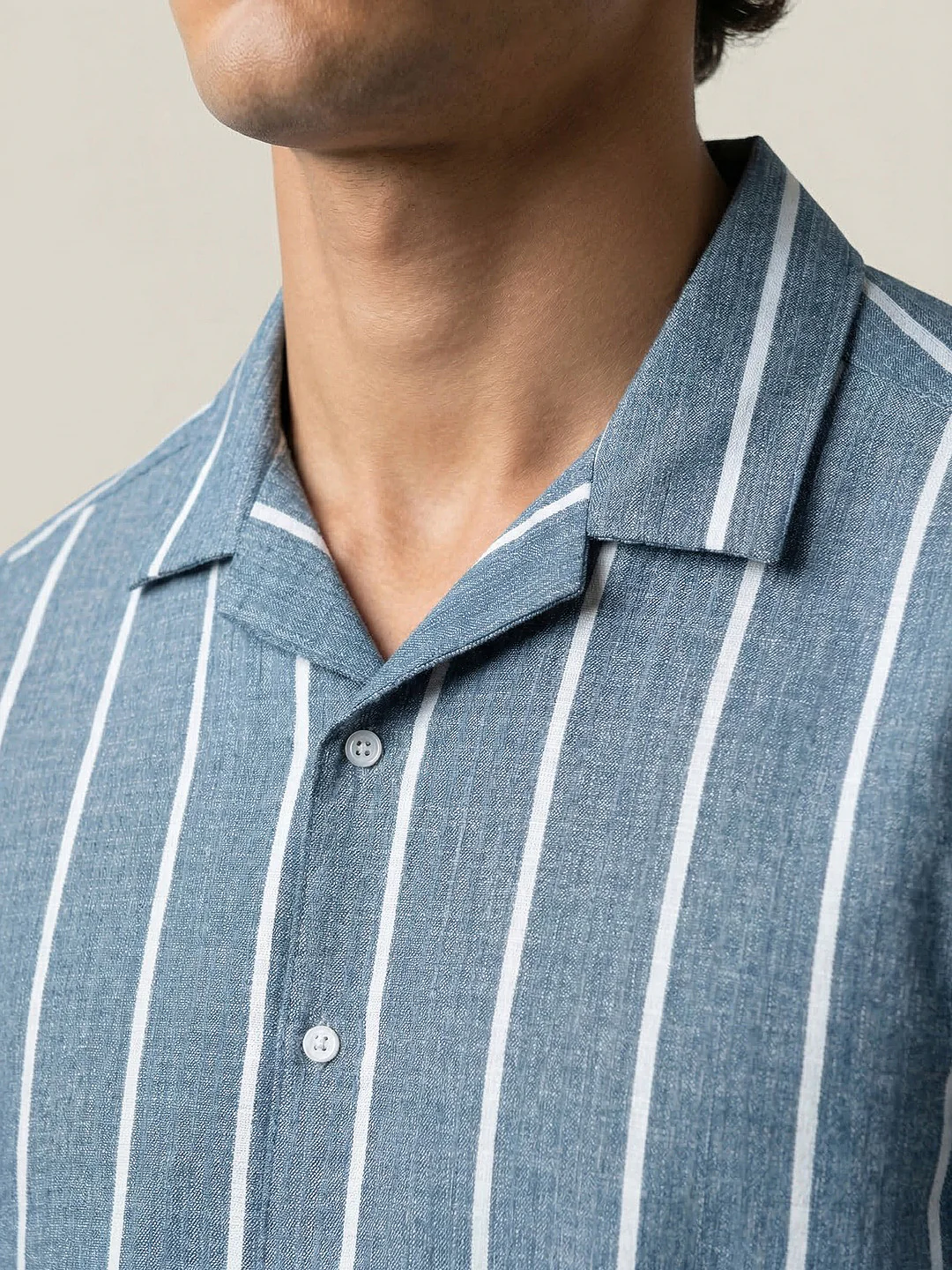Men's Aqua Cotton Half Sleeve Relaxed Fit Linen Striped Shirt with Cuban Collar - Image 6