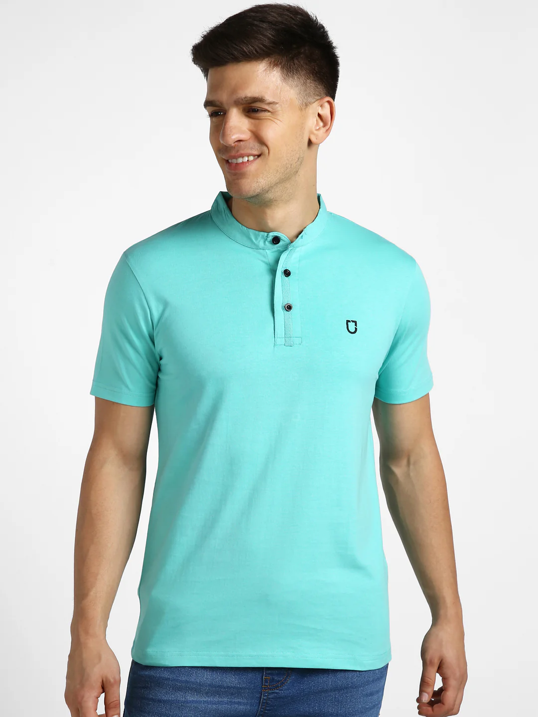Men's Aqua Green Solid Mandarin Collar Slim Fit Half Sleeve Cotton T-Shirt - Image 2