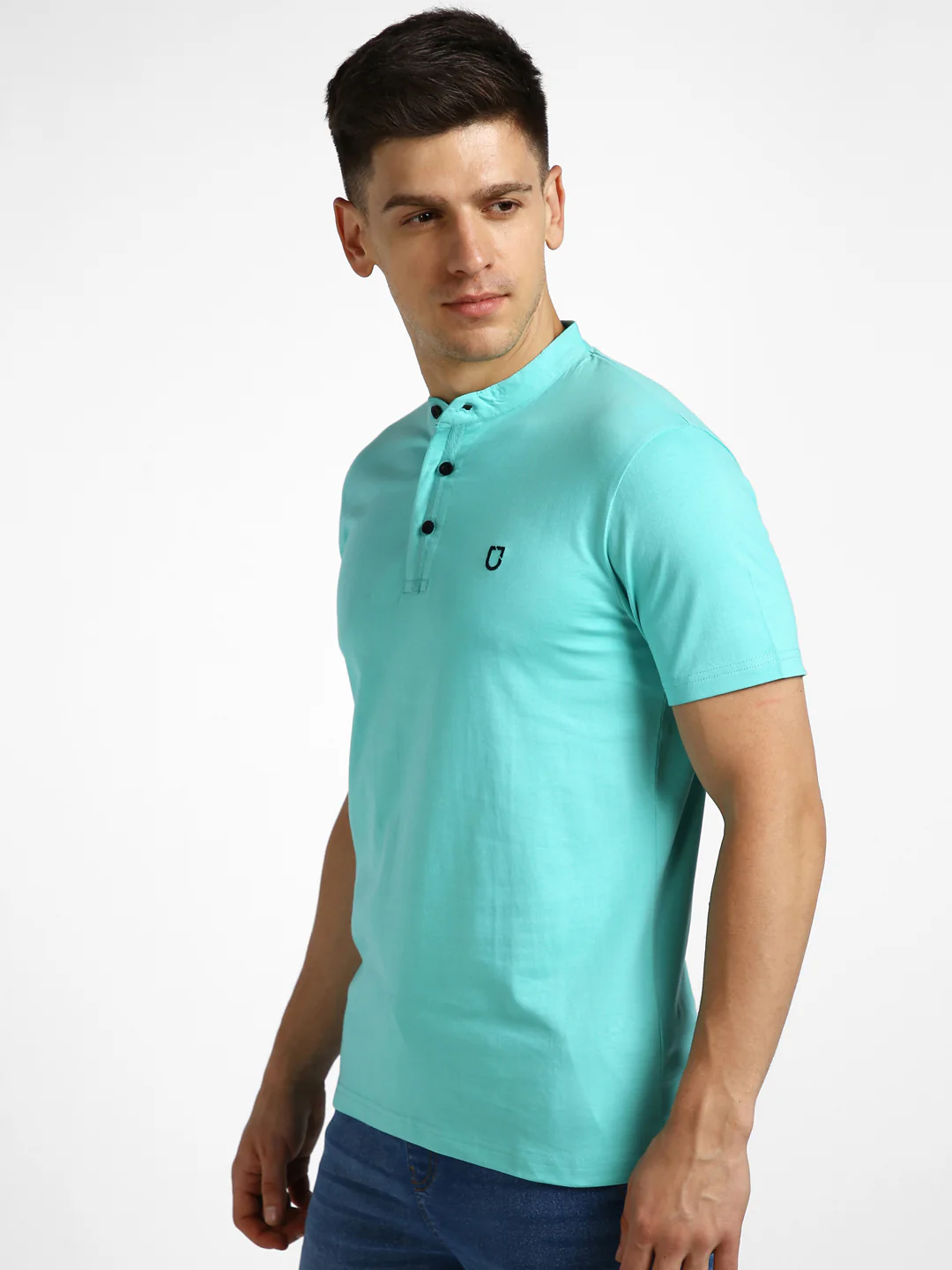 Men's Aqua Green Solid Mandarin Collar Slim Fit Half Sleeve Cotton T-Shirt - Image 3