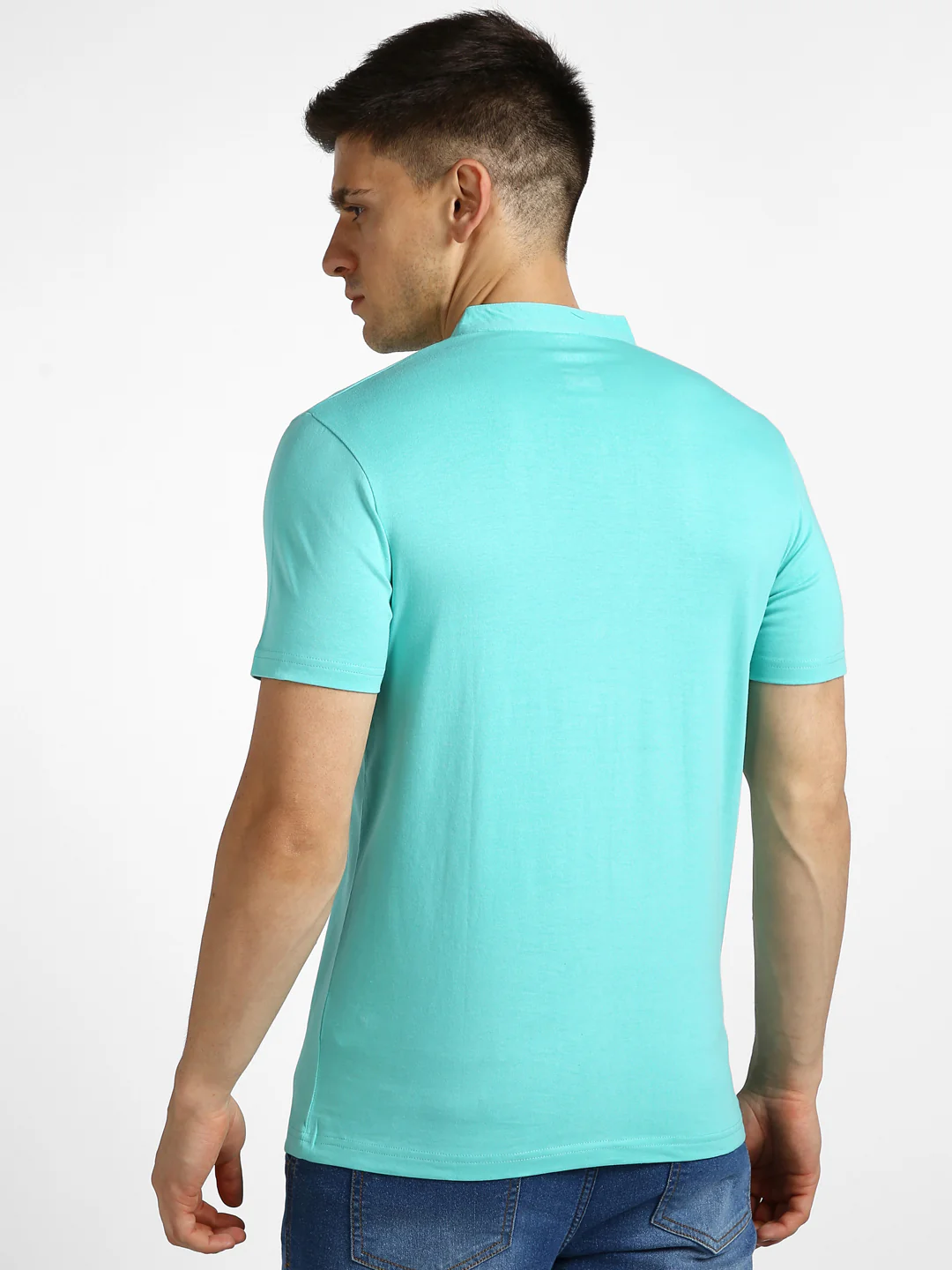 Men's Aqua Green Solid Mandarin Collar Slim Fit Half Sleeve Cotton T-Shirt - Image 4