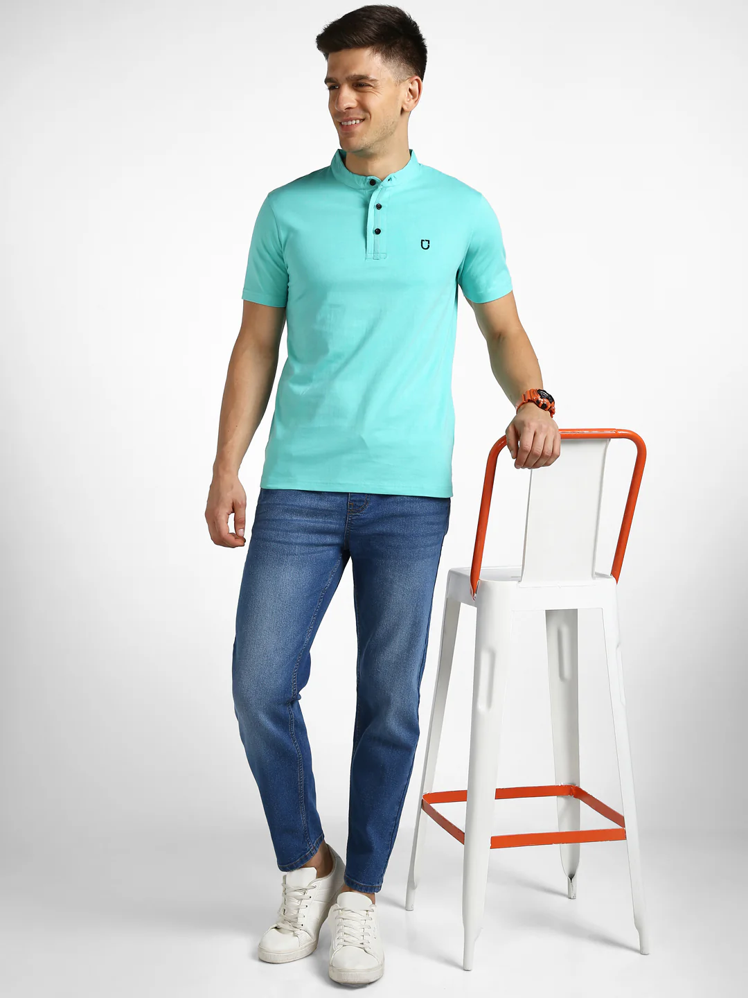 Men's Aqua Green Solid Mandarin Collar Slim Fit Half Sleeve Cotton T-Shirt - Image 5