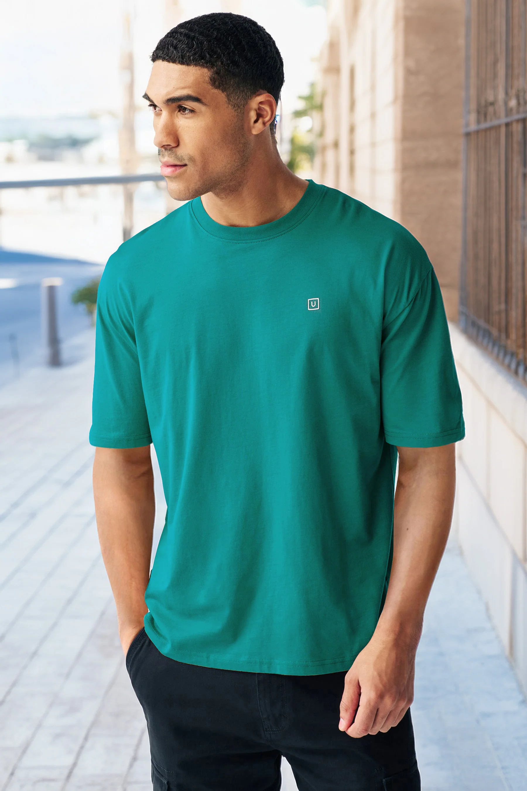 Men's Aventurine Green Solid Round Neck Oversized Half Sleeve Cotton T-Shirt
