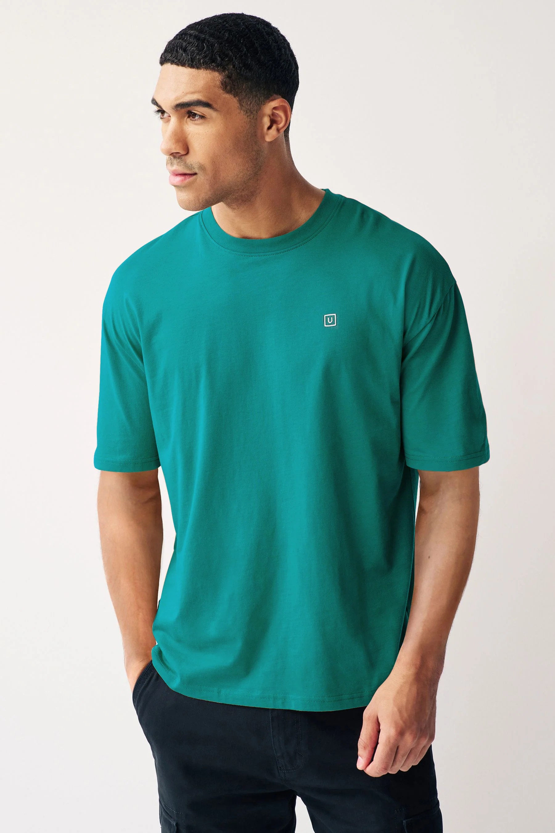 Men's Aventurine Green Solid Round Neck Oversized Half Sleeve Cotton T-Shirt - Image 2