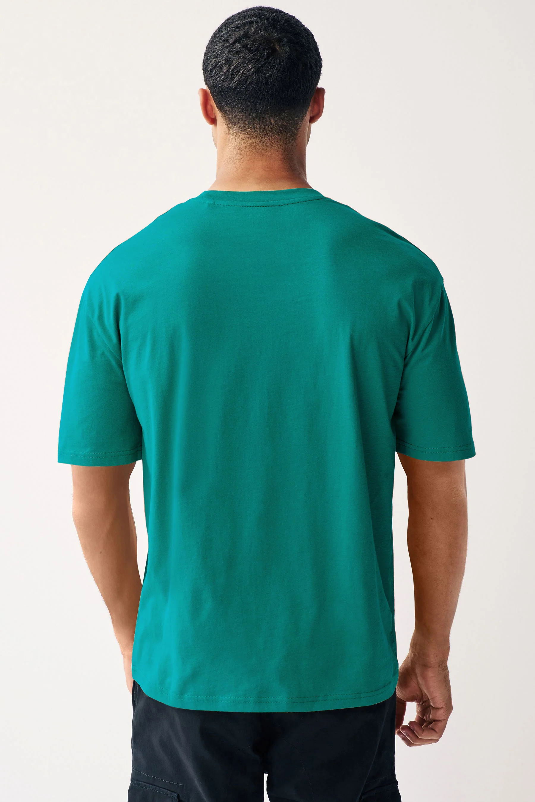 Men's Aventurine Green Solid Round Neck Oversized Half Sleeve Cotton T-Shirt - Image 3