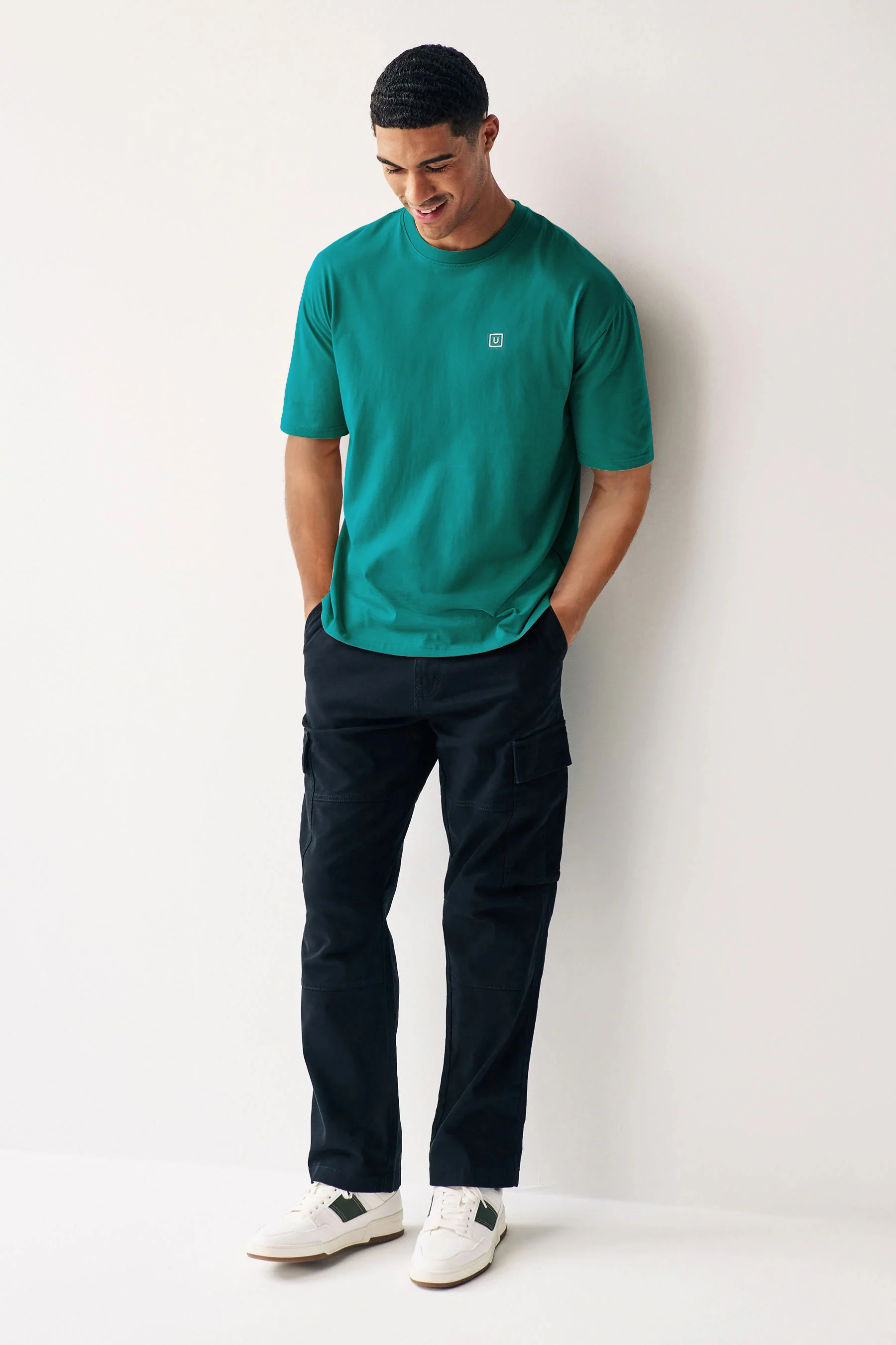 Men's Aventurine Green Solid Round Neck Oversized Half Sleeve Cotton T-Shirt - Image 4