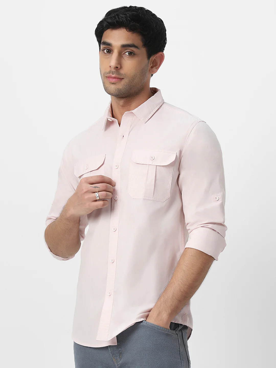 Men's Baby Pink Cotton Full Sleeve Regular Fit Casual Solid Shirt - Image 3