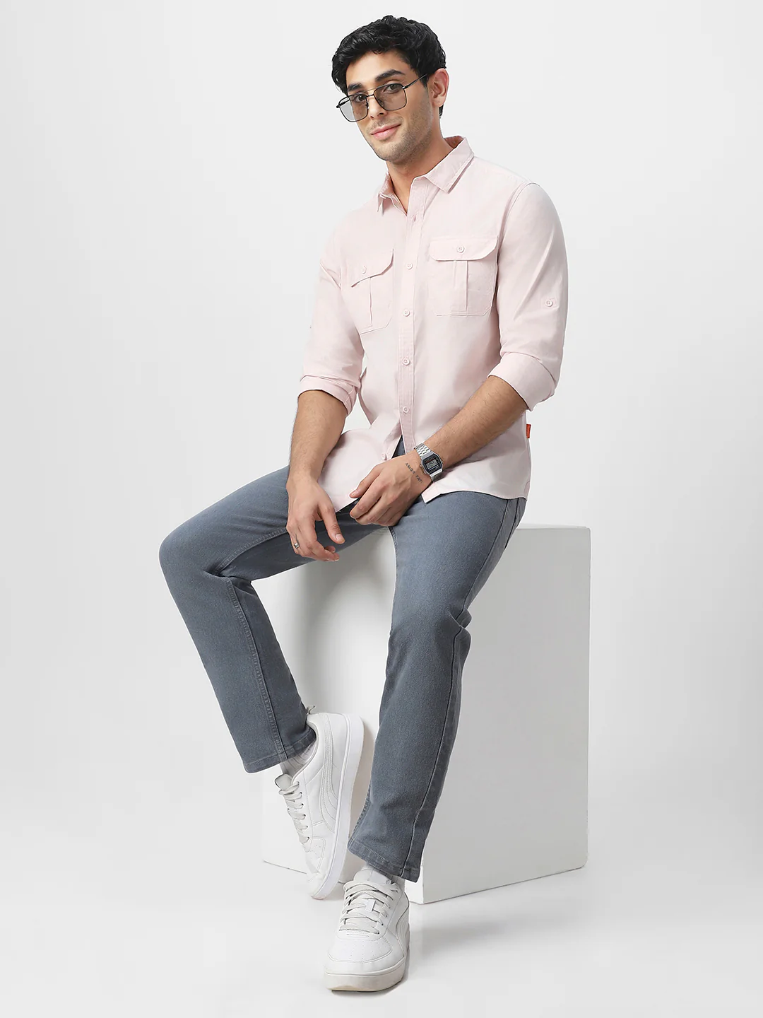 Men's Baby Pink Cotton Full Sleeve Regular Fit Casual Solid Shirt - Image 5