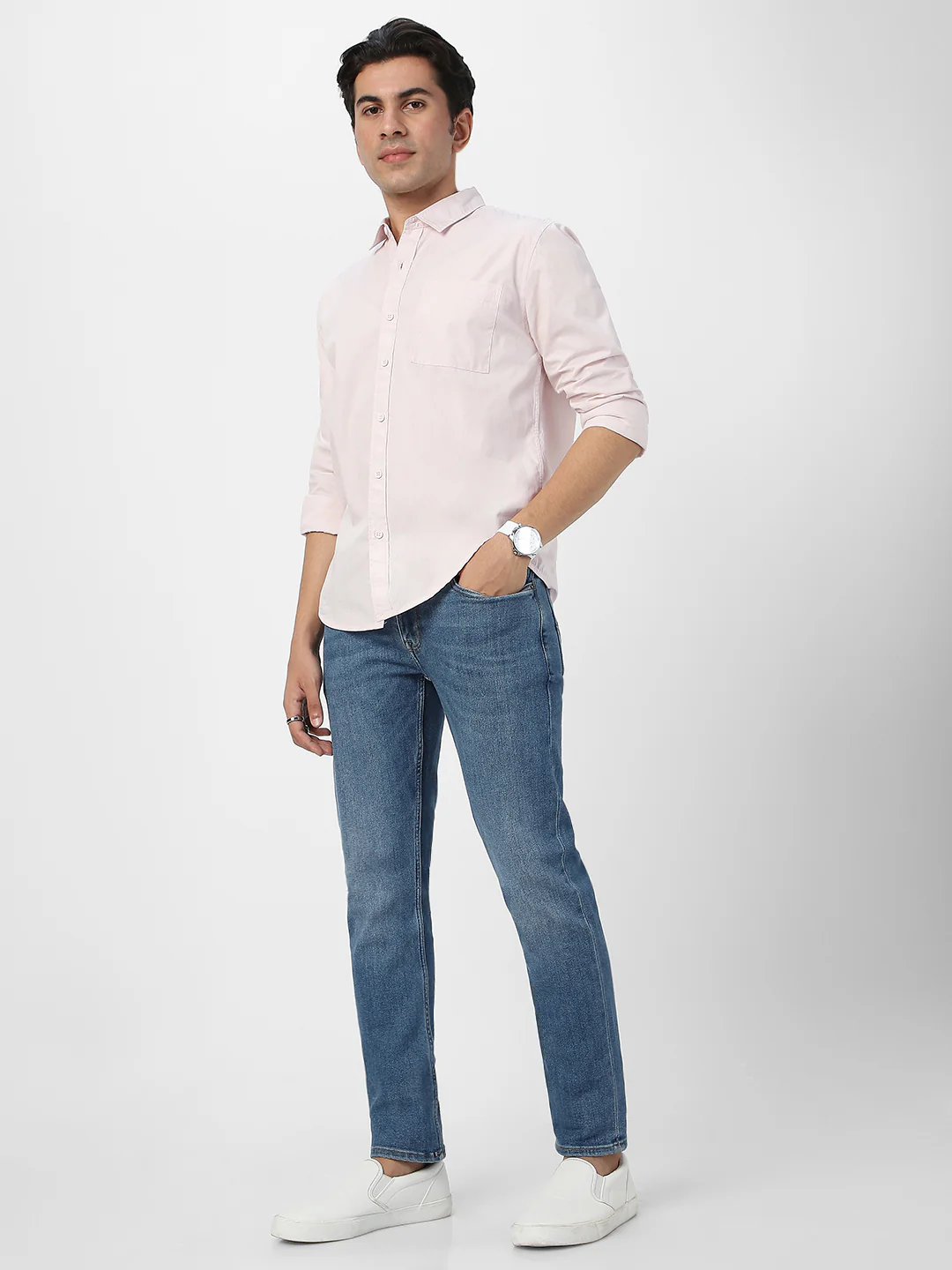 Men's Baby Pink Cotton Full Sleeve Regular Fit Casual Solid Shirt - Image 4