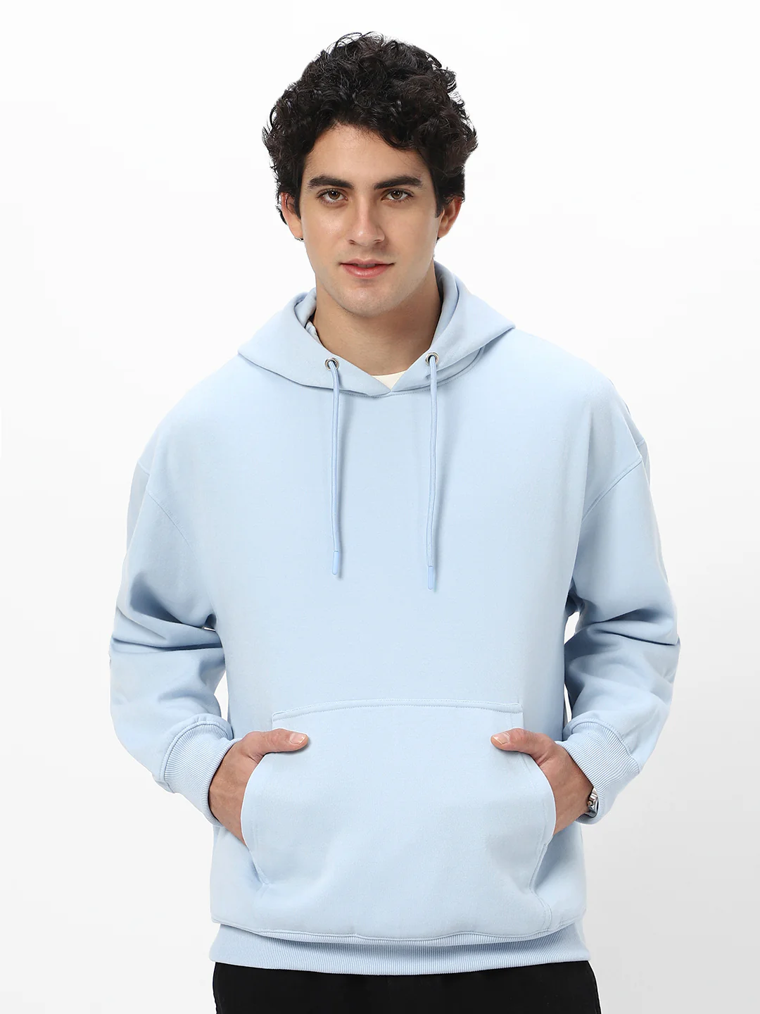 Men's Ballad Blue Cotton Solid Oversized Hooded Neck Sweatshirt - Image 2