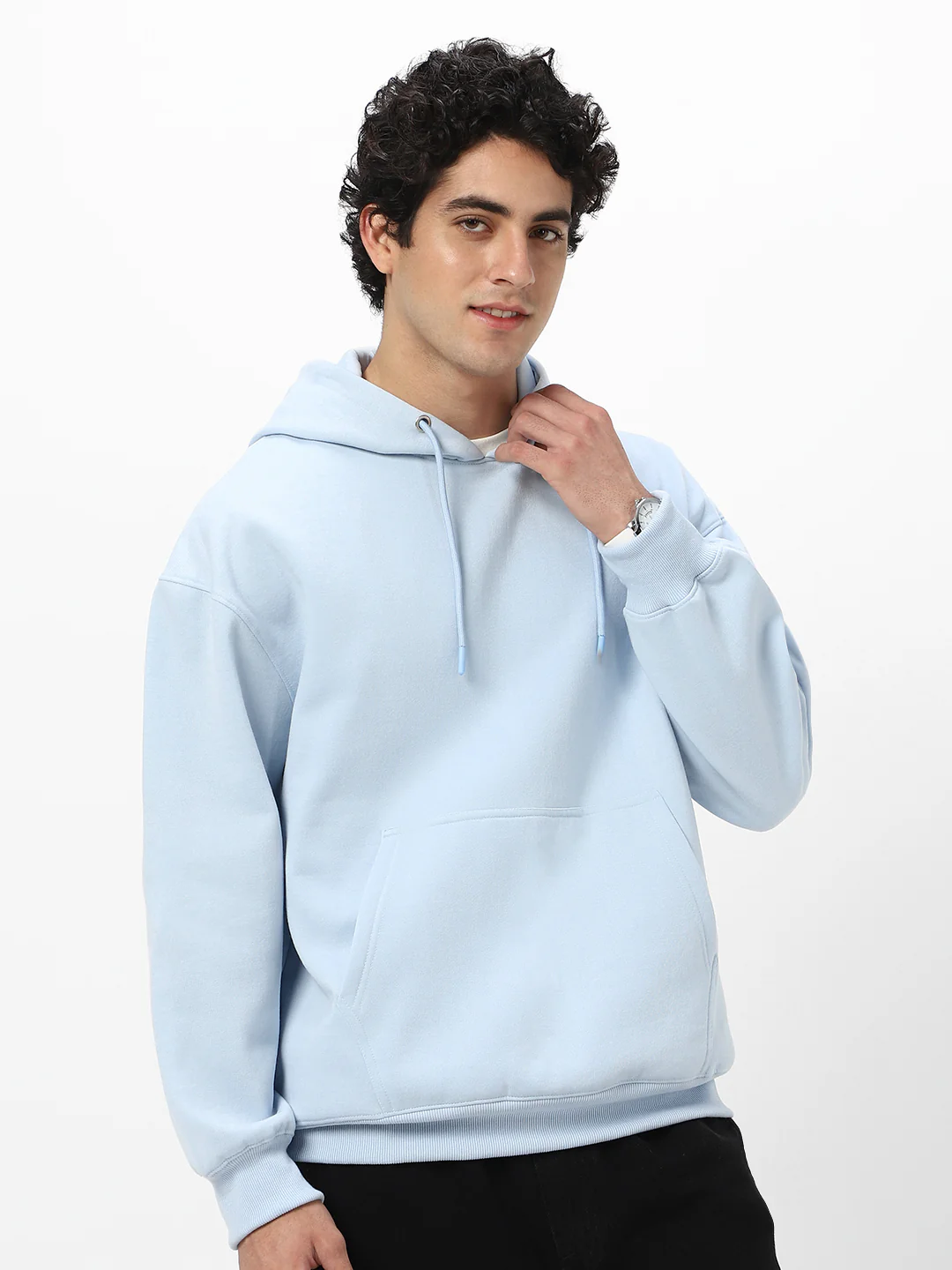 Men's Ballad Blue Cotton Solid Oversized Hooded Neck Sweatshirt - Image 3