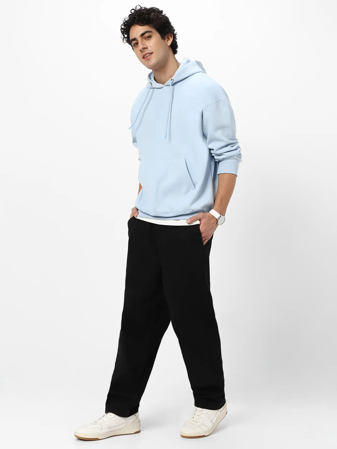 Men's Ballad Blue Cotton Solid Oversized Hooded Neck Sweatshirt - Image 5