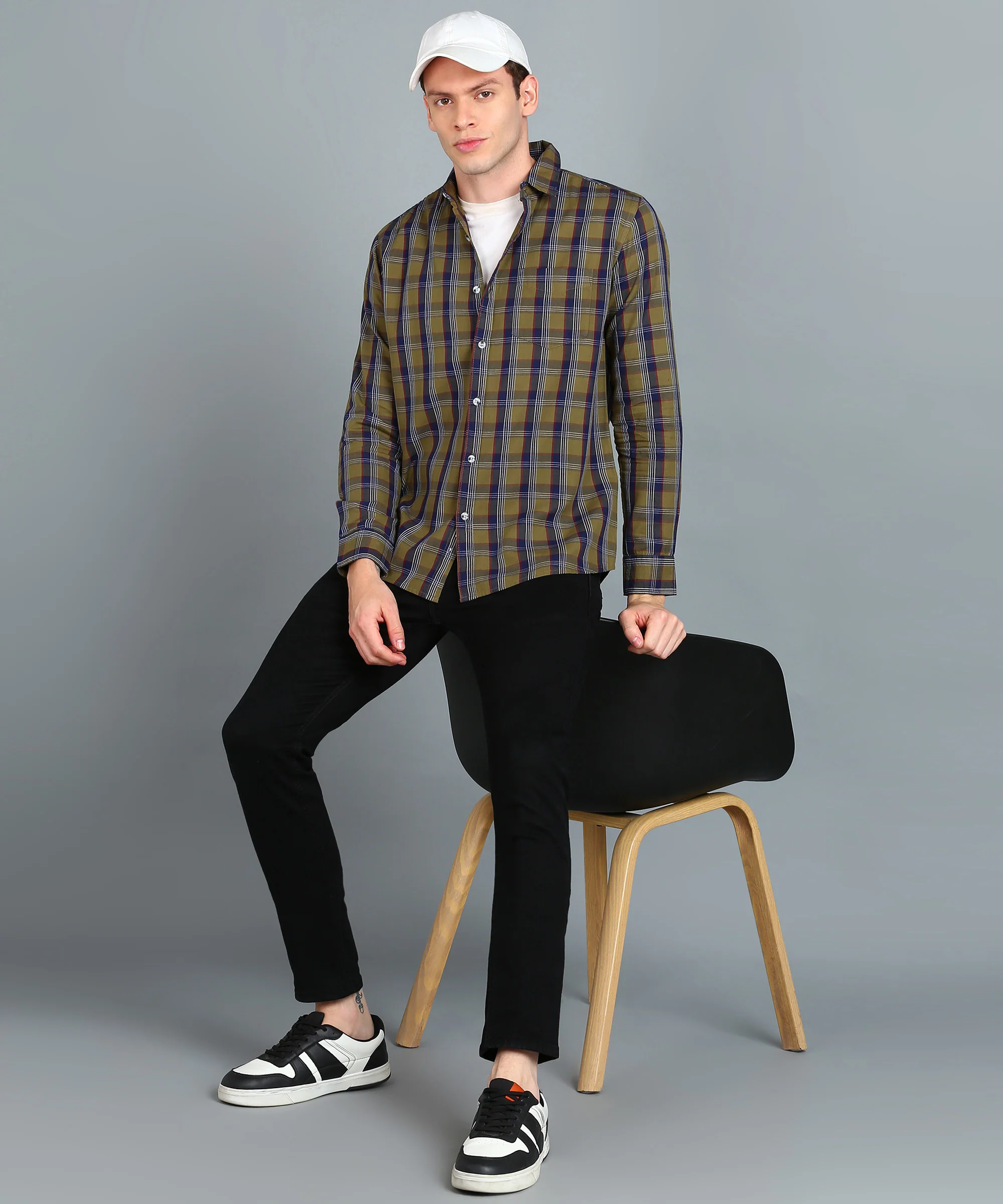Men's Beige, Blue Cotton Full Sleeve Slim Fit Casual Checkered Shirt - Image 4