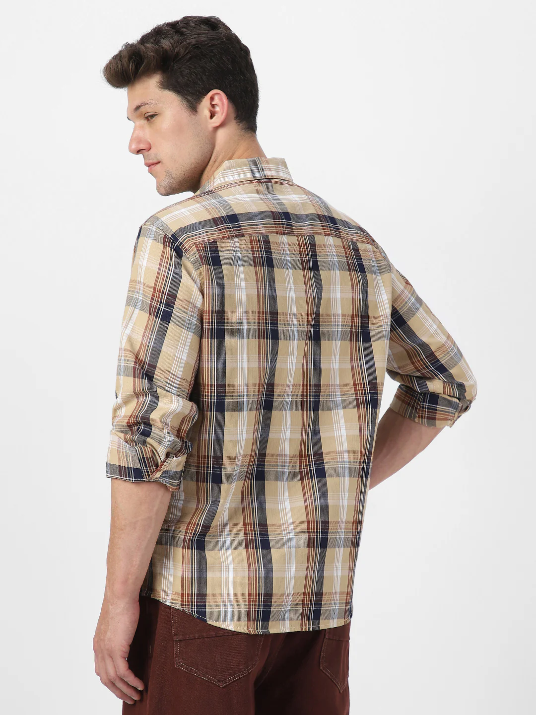 Men's Beige Cotton Full Sleeve Regular Fit Casual Checkered Shirt - Image 3
