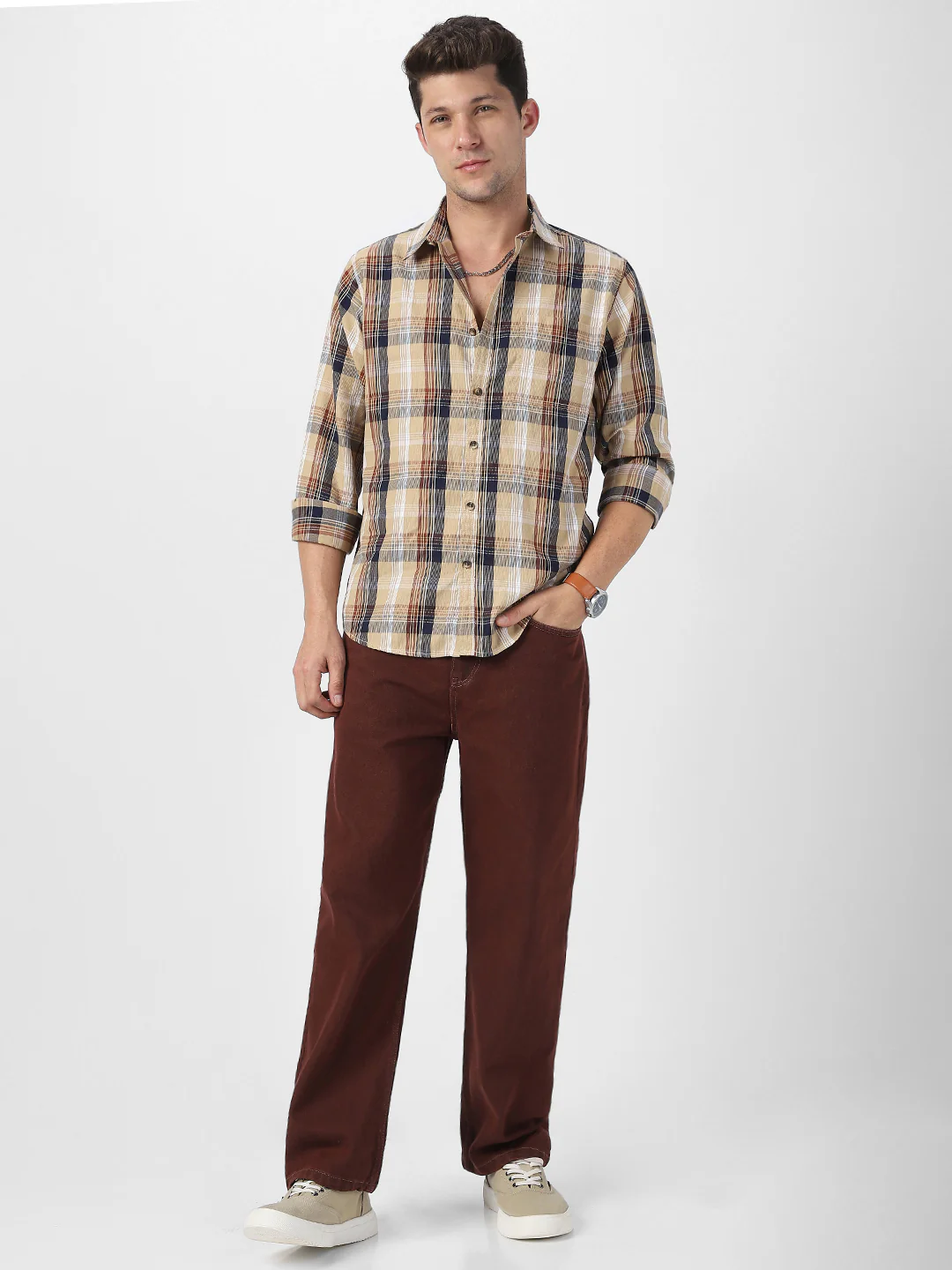 Men's Beige Cotton Full Sleeve Regular Fit Casual Checkered Shirt - Image 4