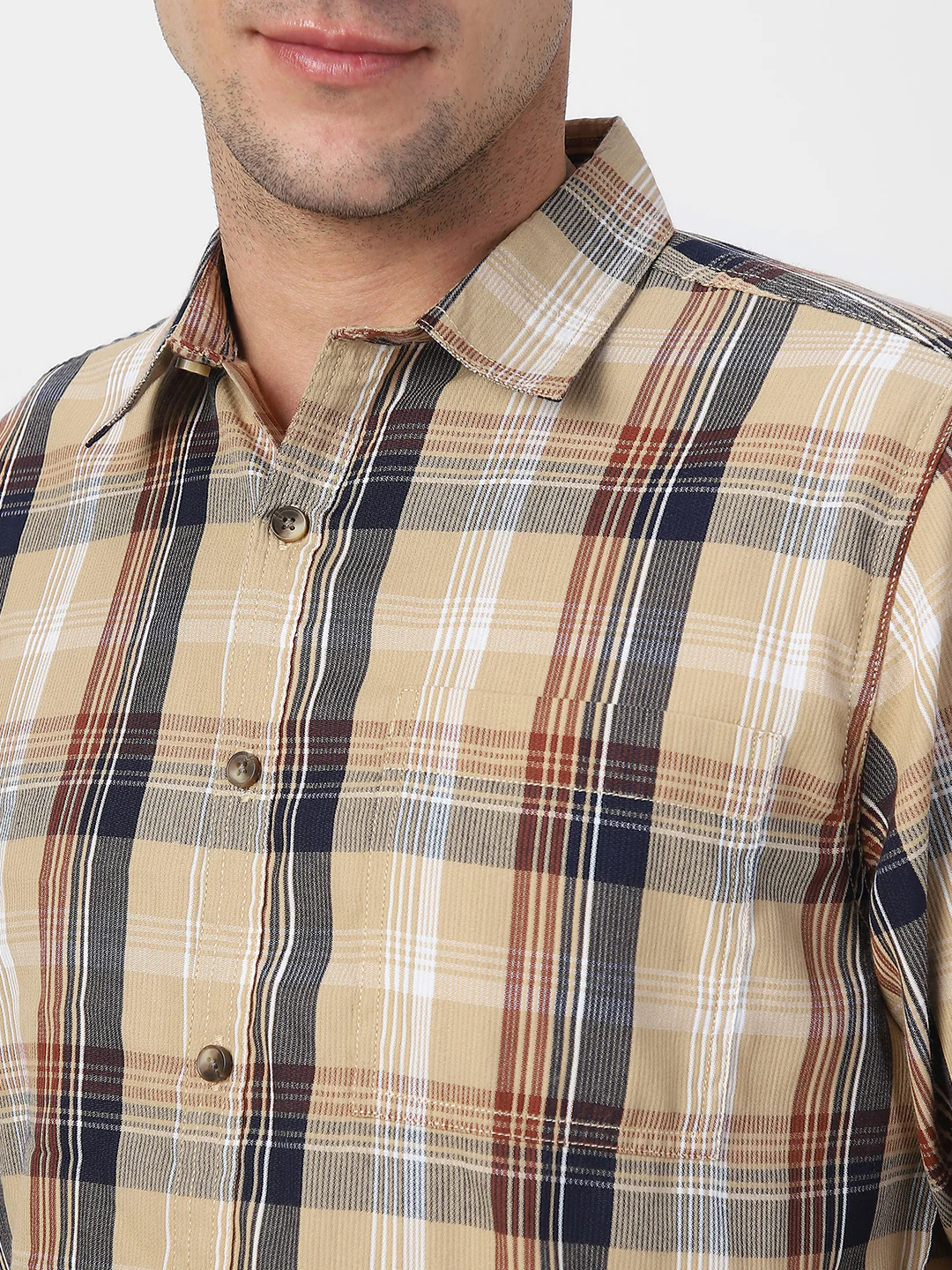 Men's Beige Cotton Full Sleeve Regular Fit Casual Checkered Shirt - Image 5