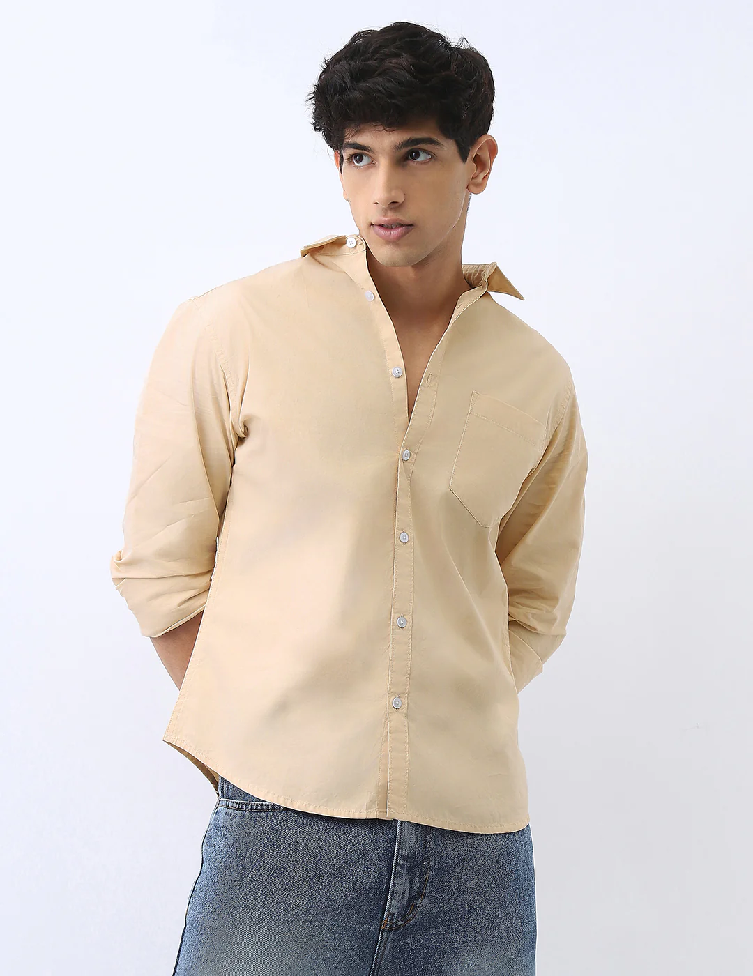 Men's Beige Cotton Full Sleeve Regular Fit Casual Solid Shirt - Image 2