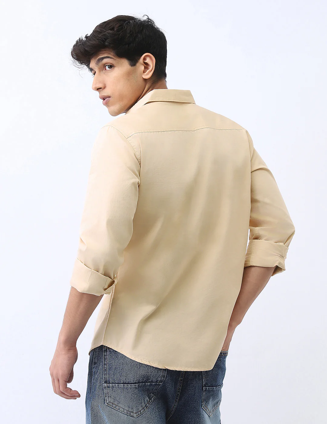 Men's Beige Cotton Full Sleeve Regular Fit Casual Solid Shirt - Image 3
