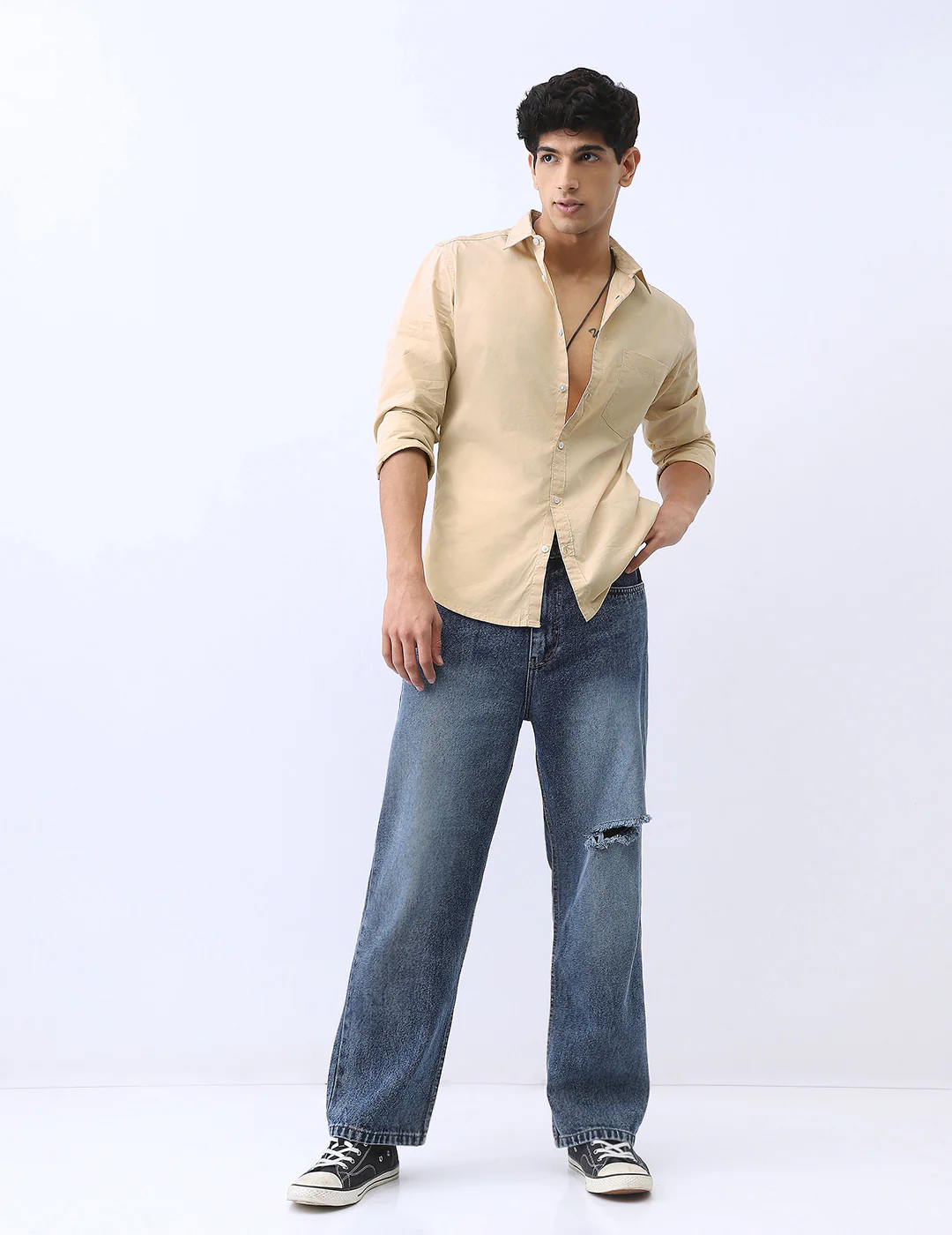 Men's Beige Cotton Full Sleeve Regular Fit Casual Solid Shirt - Image 4