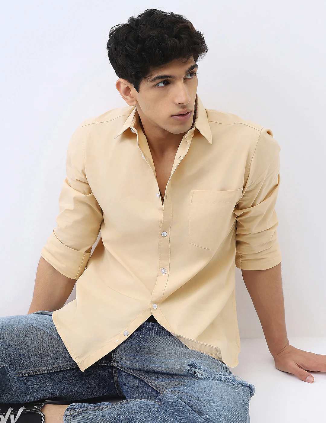 Men's Beige Cotton Full Sleeve Regular Fit Casual Solid Shirt - Image 5