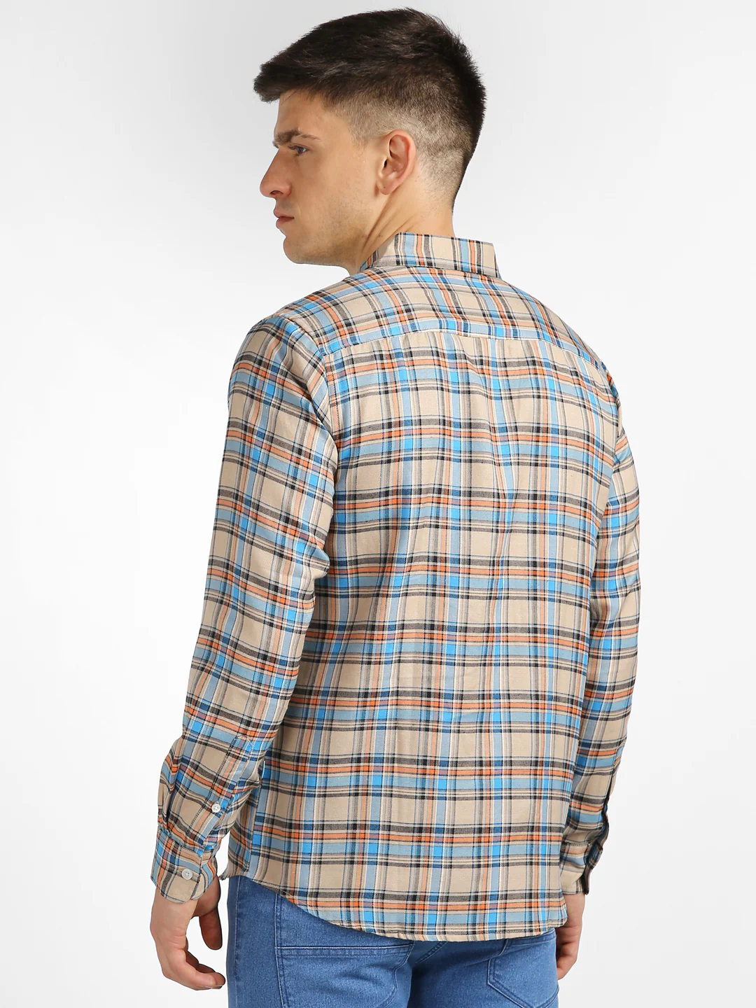 Men's Beige Cotton Full Sleeve Slim Fit Casual Checkered Shirt - Image 3