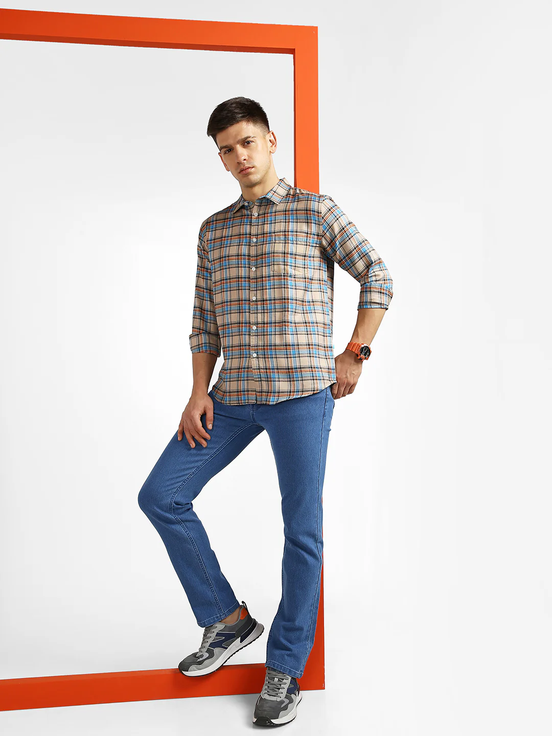 Men's Beige Cotton Full Sleeve Slim Fit Casual Checkered Shirt - Image 4