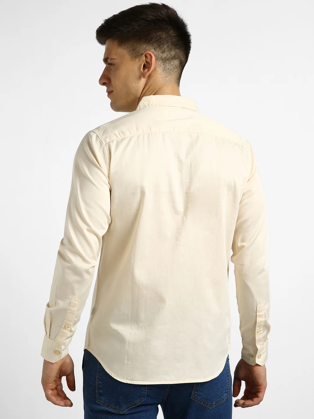 Men's Beige Cotton Full Sleeve Slim Fit Casual Solid Shirt - Image 3
