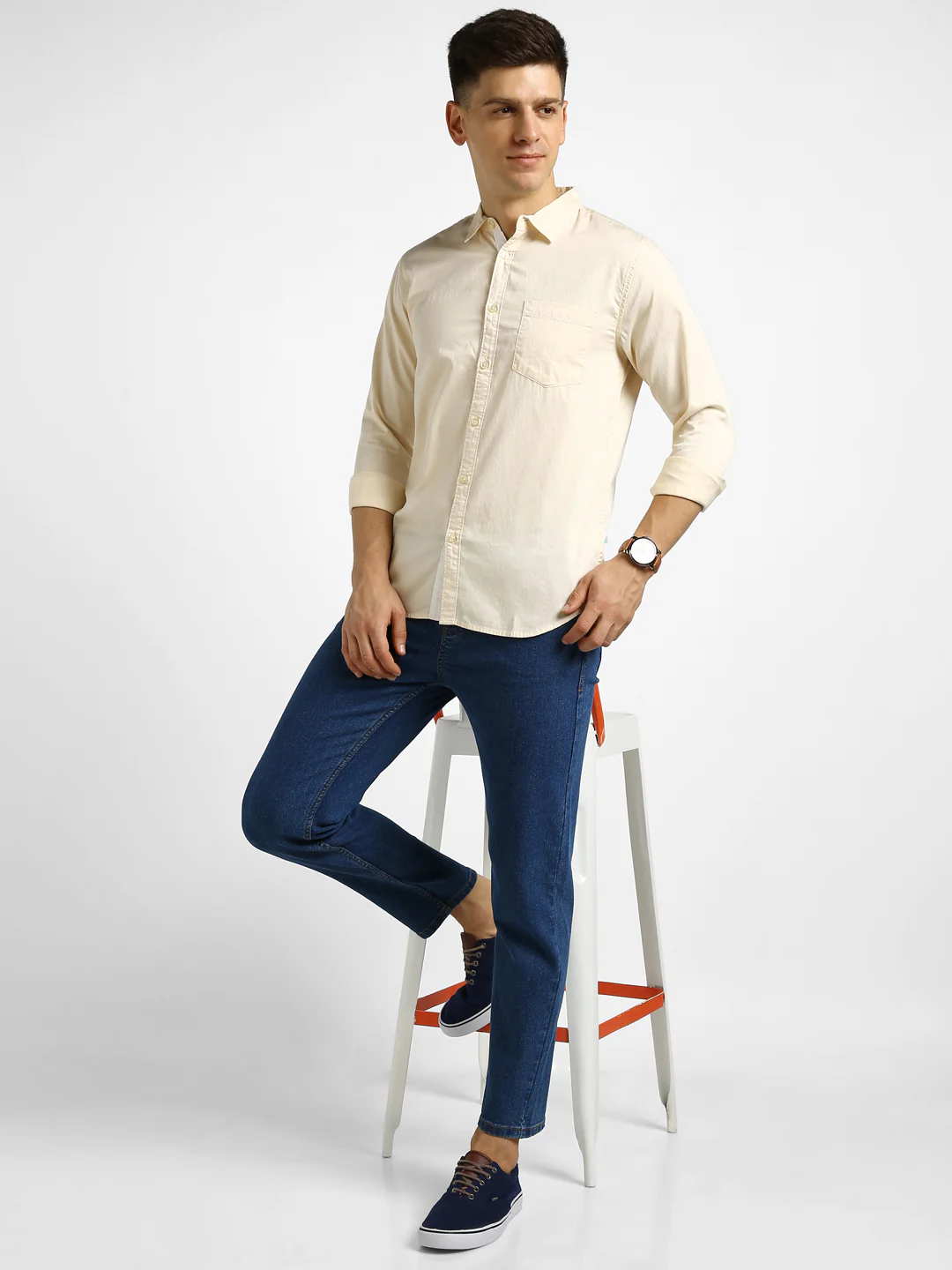 Men's Beige Cotton Full Sleeve Slim Fit Casual Solid Shirt - Image 4
