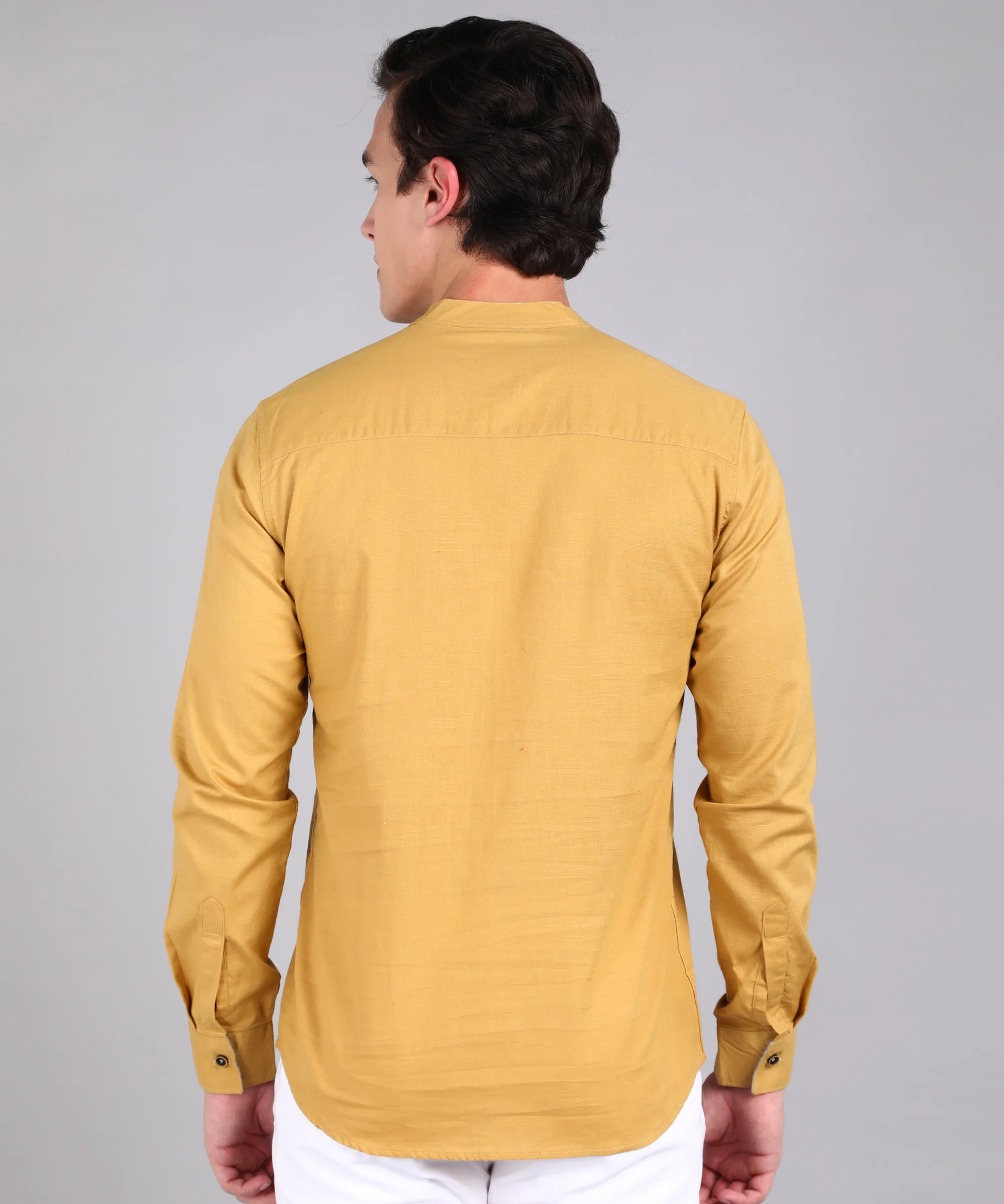 Men's Beige Cotton Full Sleeve Slim Fit Solid Shirt with Mandarin Collar - Image 3