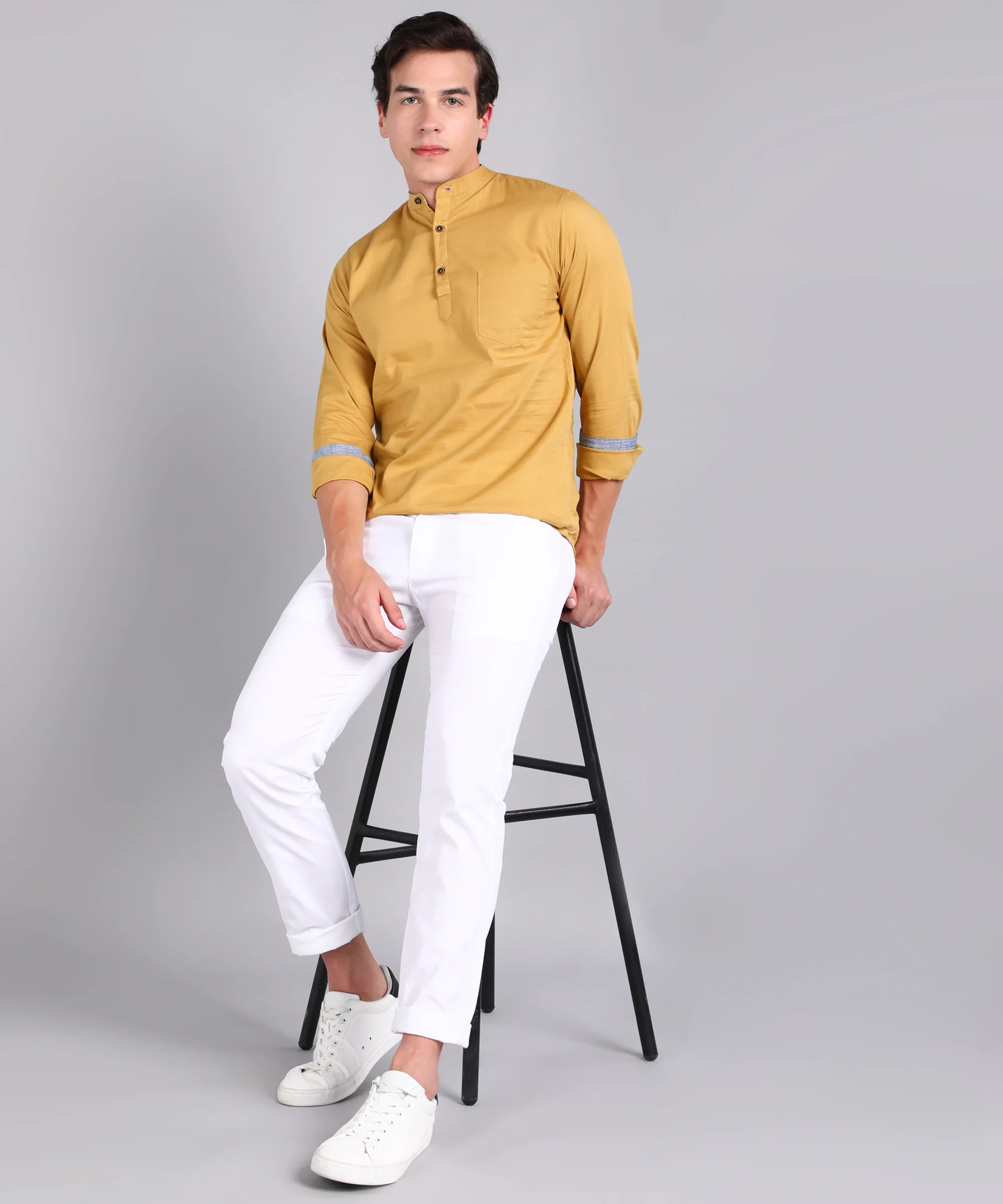 Men's Beige Cotton Full Sleeve Slim Fit Solid Shirt with Mandarin Collar - Image 4