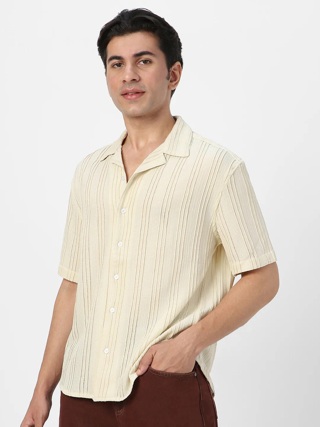 Men's Beige Cotton Half Sleeve Oversized Fit Textured Shirt with Cuban Collar - Image 3