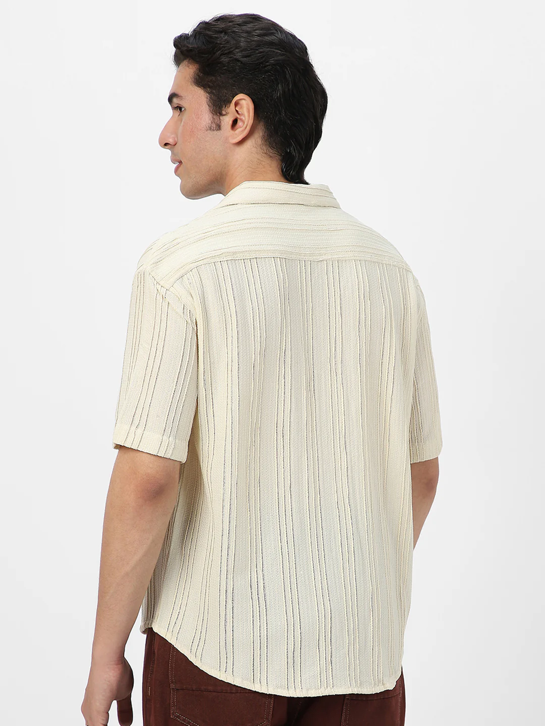 Men's Beige Cotton Half Sleeve Oversized Fit Textured Shirt with Cuban Collar - Image 4