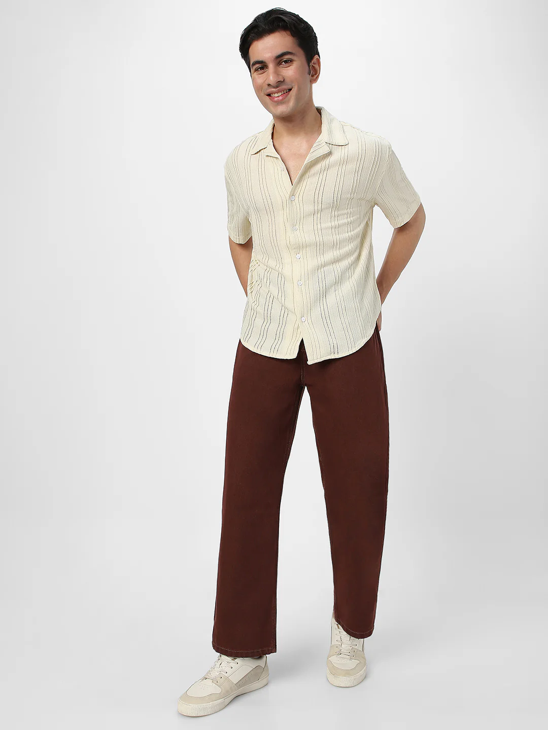 Men's Beige Cotton Half Sleeve Oversized Fit Textured Shirt with Cuban Collar - Image 5
