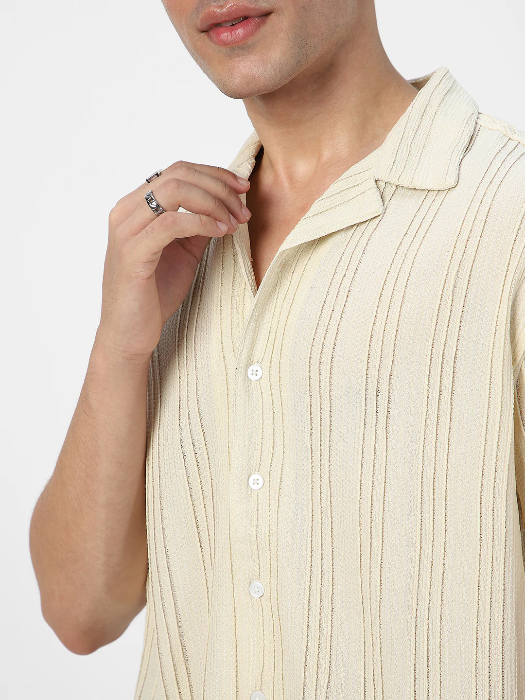 Men's Beige Cotton Half Sleeve Oversized Fit Textured Shirt with Cuban Collar - Image 6