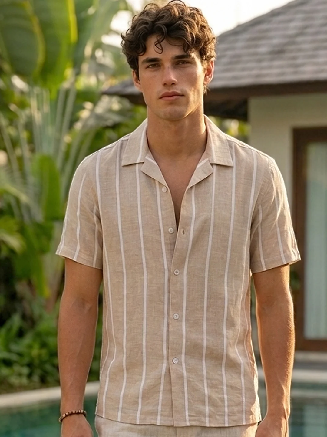 Men's Beige Cotton Half Sleeve Relaxed Fit Linen Striped Shirt with Cuban Collar