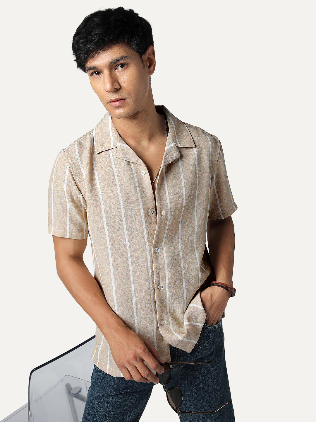 Men's Beige Cotton Half Sleeve Relaxed Fit Linen Striped Shirt with Cuban Collar - Image 2