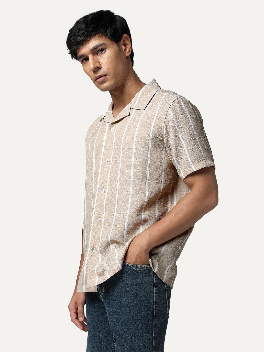 Men's Beige Cotton Half Sleeve Relaxed Fit Linen Striped Shirt with Cuban Collar - Image 3