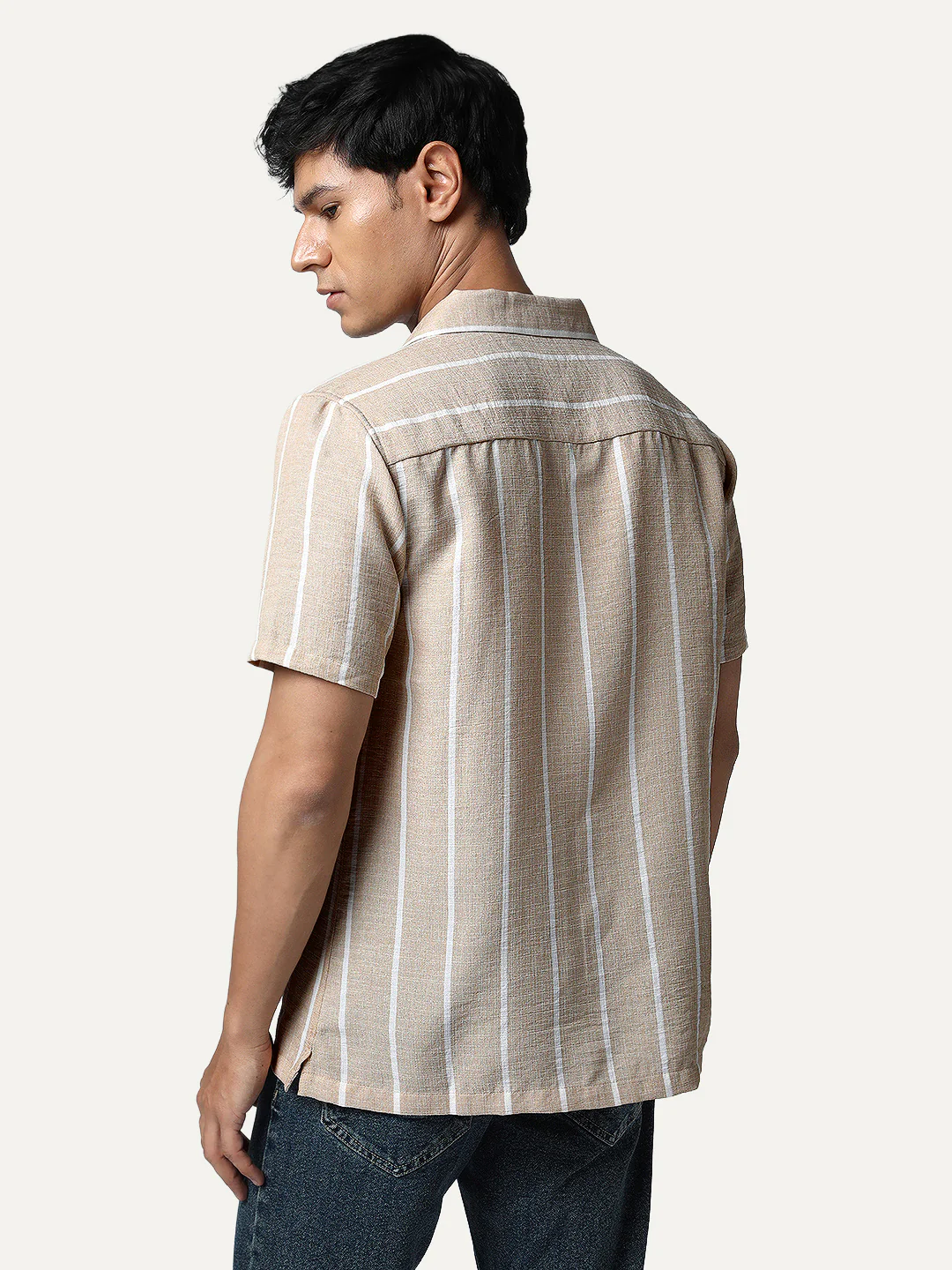 Men's Beige Cotton Half Sleeve Relaxed Fit Linen Striped Shirt with Cuban Collar - Image 4