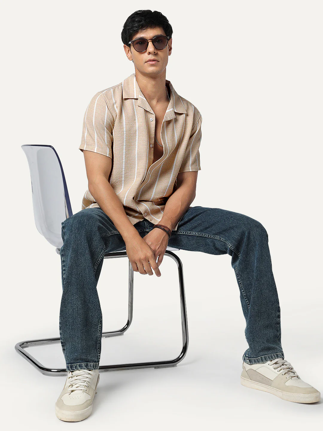 Men's Beige Cotton Half Sleeve Relaxed Fit Linen Striped Shirt with Cuban Collar - Image 5