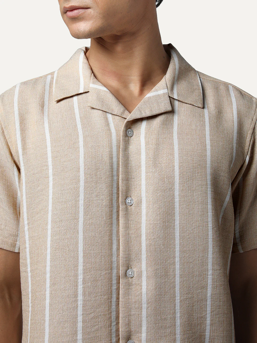 Men's Beige Cotton Half Sleeve Relaxed Fit Linen Striped Shirt with Cuban Collar - Image 6