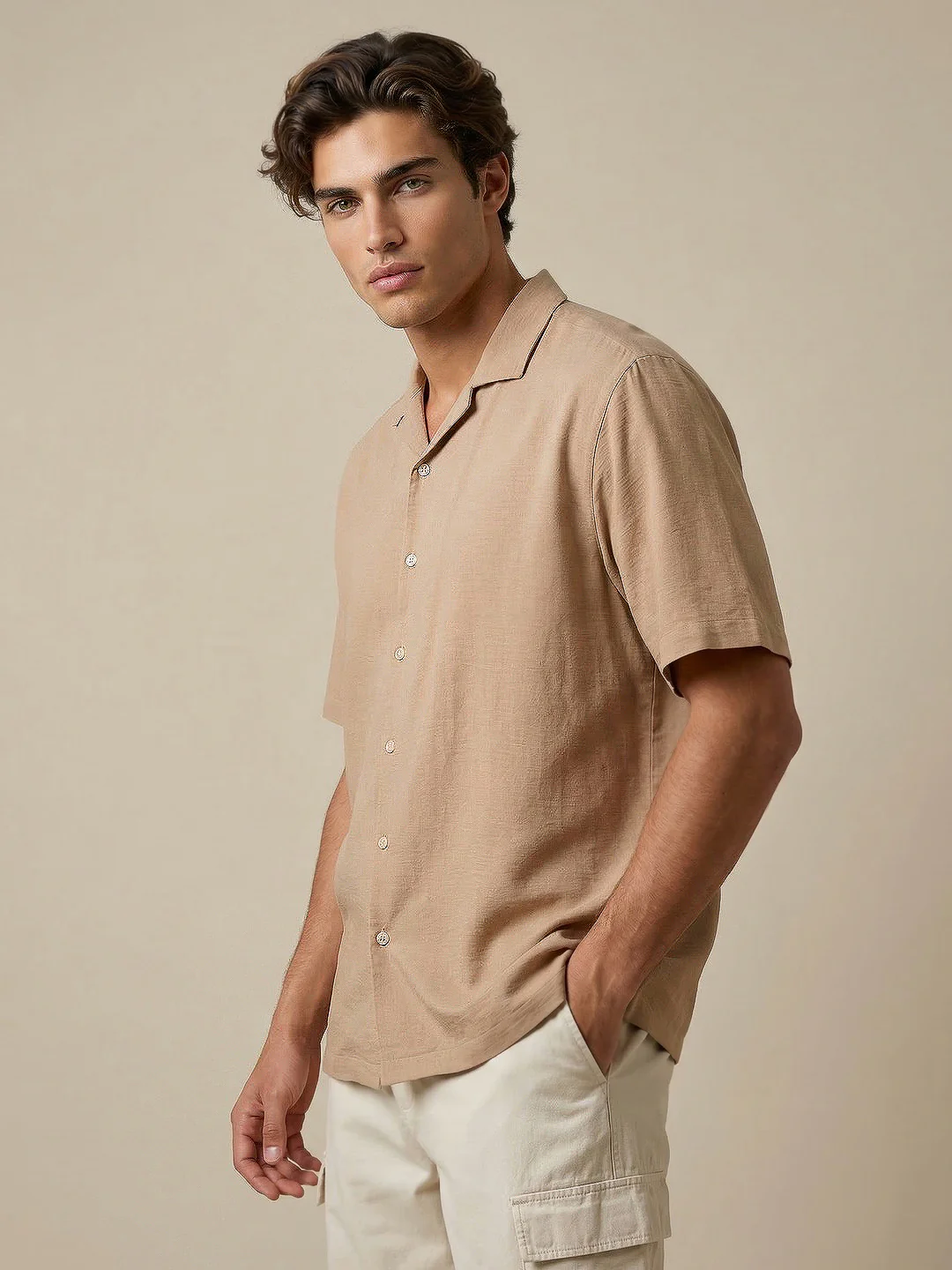 Men's Beige Cotton Half Sleeve Relaxed Fit Textured Shirt with Cuban Collar - Image 2