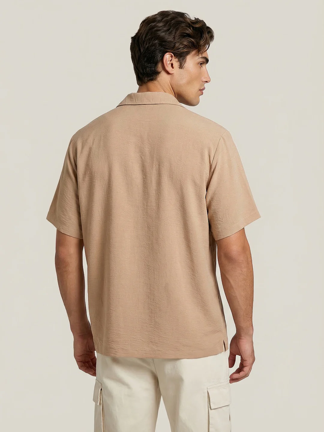 Men's Beige Cotton Half Sleeve Relaxed Fit Textured Shirt with Cuban Collar - Image 3