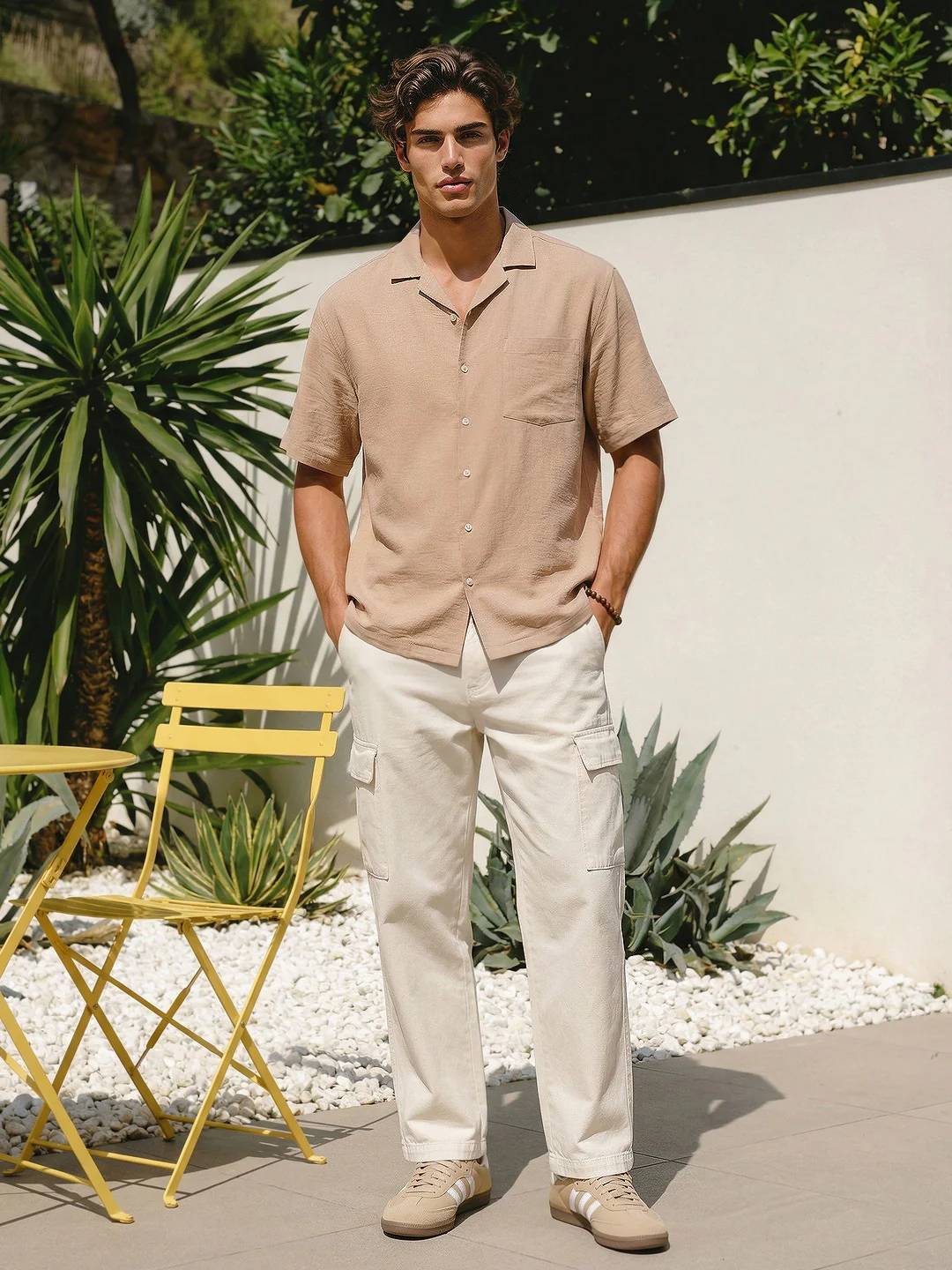 Men's Beige Cotton Half Sleeve Relaxed Fit Textured Shirt with Cuban Collar - Image 4