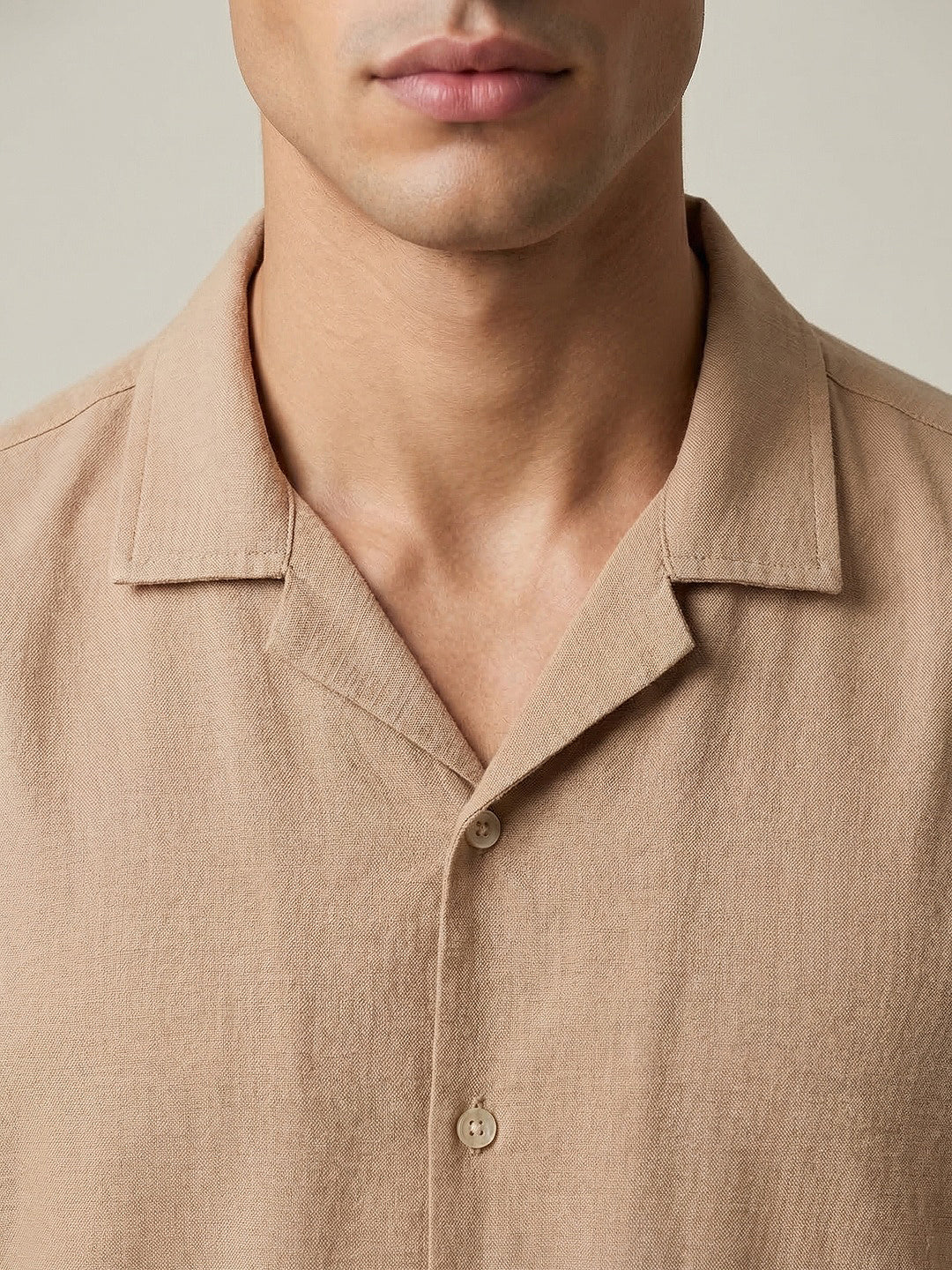 Men's Beige Cotton Half Sleeve Relaxed Fit Textured Shirt with Cuban Collar - Image 5