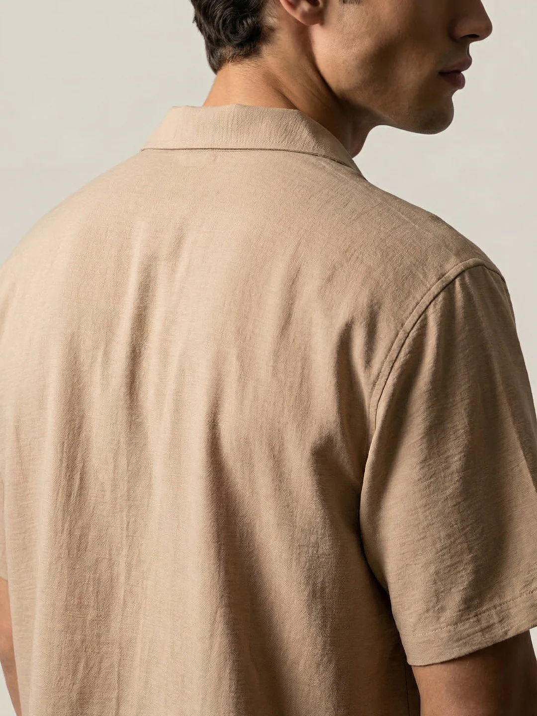 Men's Beige Cotton Half Sleeve Relaxed Fit Textured Shirt with Cuban Collar - Image 6