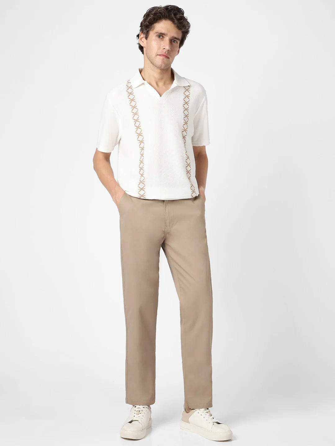 Men's Beige Cotton Regular Fit Casual Chinos Trousers Stretch - Image 4
