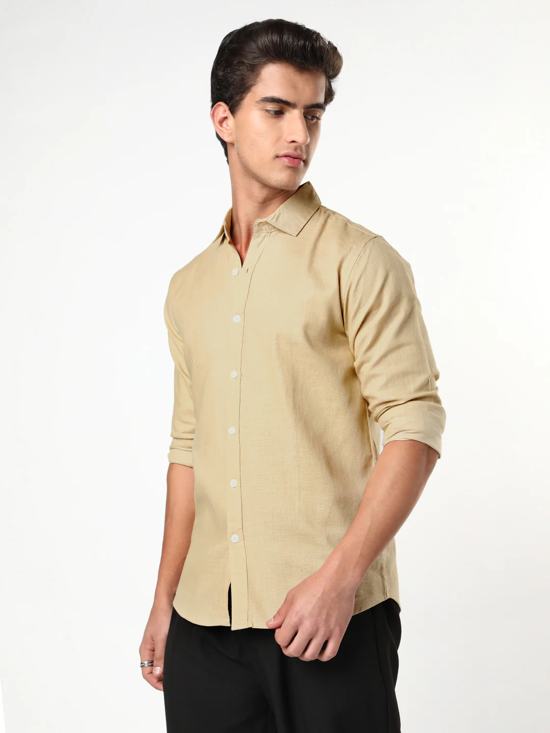 Men's Beige Linen Blend Full Sleeve Relaxed Fit Casual Solid Shirt - Image 2