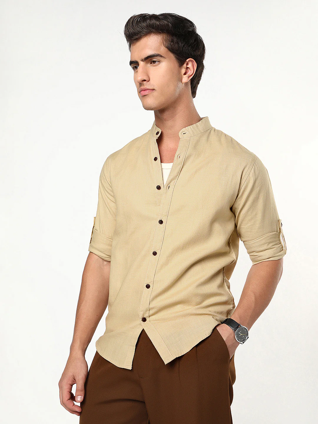 Men's Beige Linen Blend Full Sleeve Relaxed Fit Mandarin Collar Casual Solid Shirt - Image 3