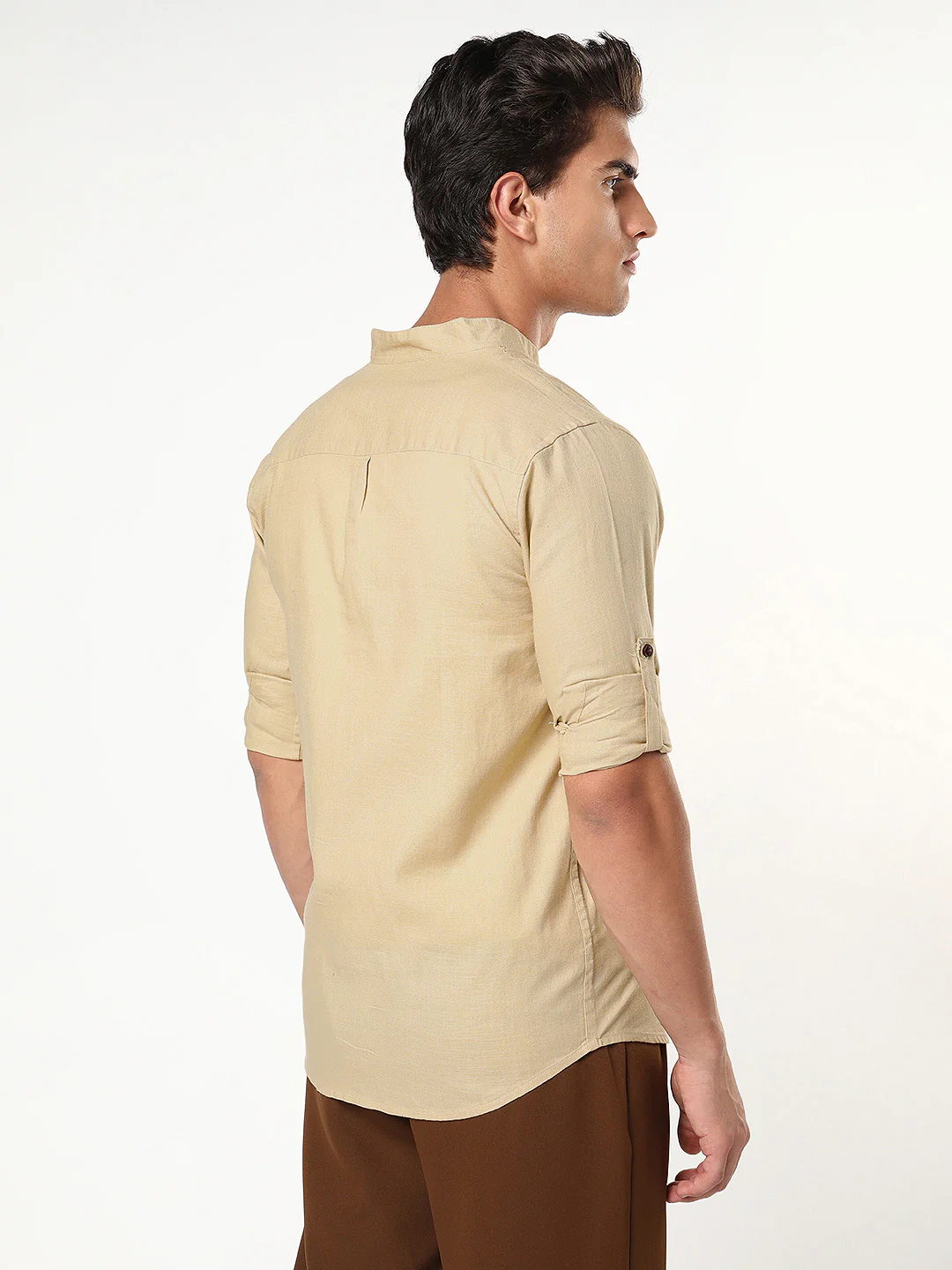 Men's Beige Linen Blend Full Sleeve Relaxed Fit Mandarin Collar Casual Solid Shirt - Image 4
