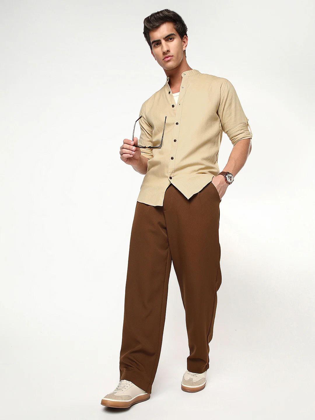 Men's Beige Linen Blend Full Sleeve Relaxed Fit Mandarin Collar Casual Solid Shirt - Image 5